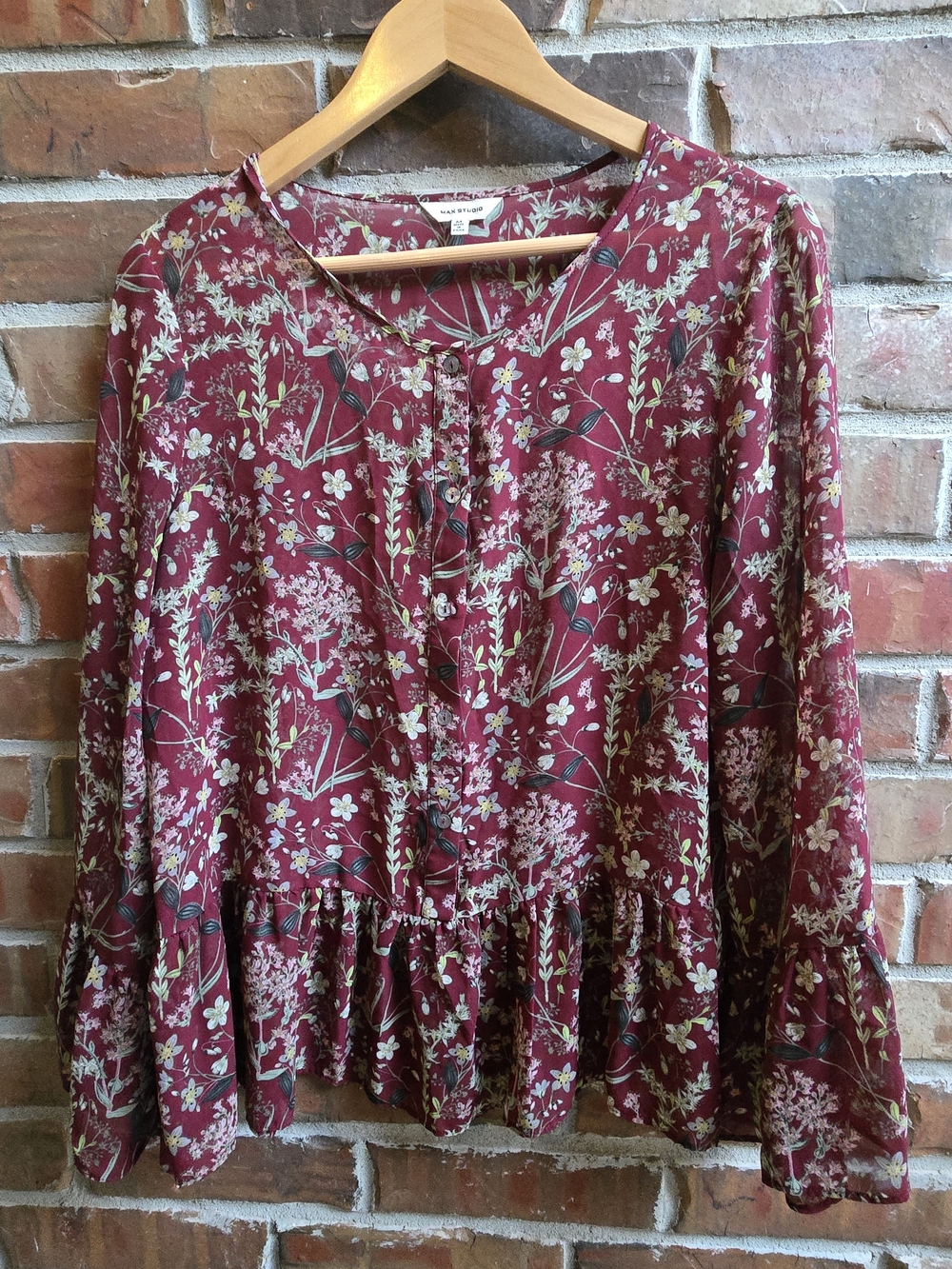 Max Studio Maroon Floral Button-Front Peplum Blouse Feminine Ruffle Sheer